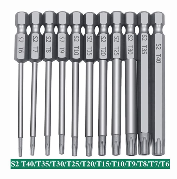 11-delige Torx Bitset – 1/4" Hex – 100 mm – Torx T6–T40 & Flathead – S2 Staal