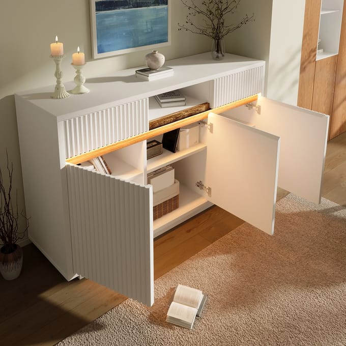 Dressoir - 140x40x85 cm - LED Verlichting met 2 Lades en 3 Deuren - Hout - Wit