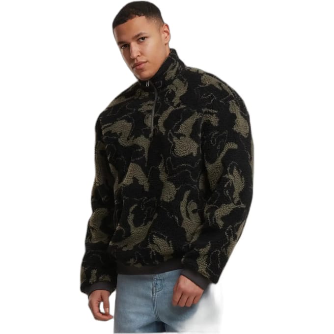 Urban Classics - Oversized Pattern Teddy Troyer Sweater/trui - XXL - Olijfgroen