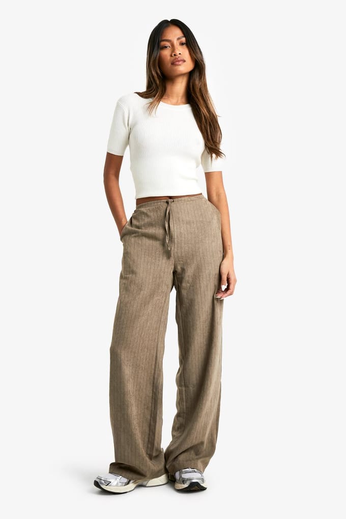 boohoo Dames Soft Touch Oversized Gestreepte Wijde Pantalon | Kaki | Maat: 34