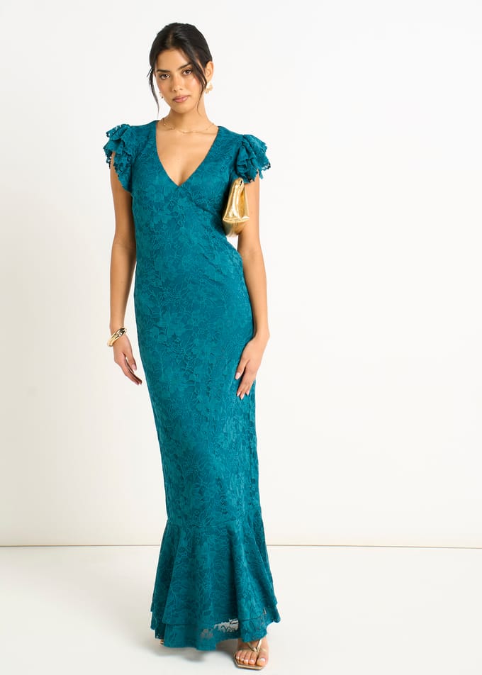Teal Jersey Kanten V-hals Maxi Jurk met Ruches