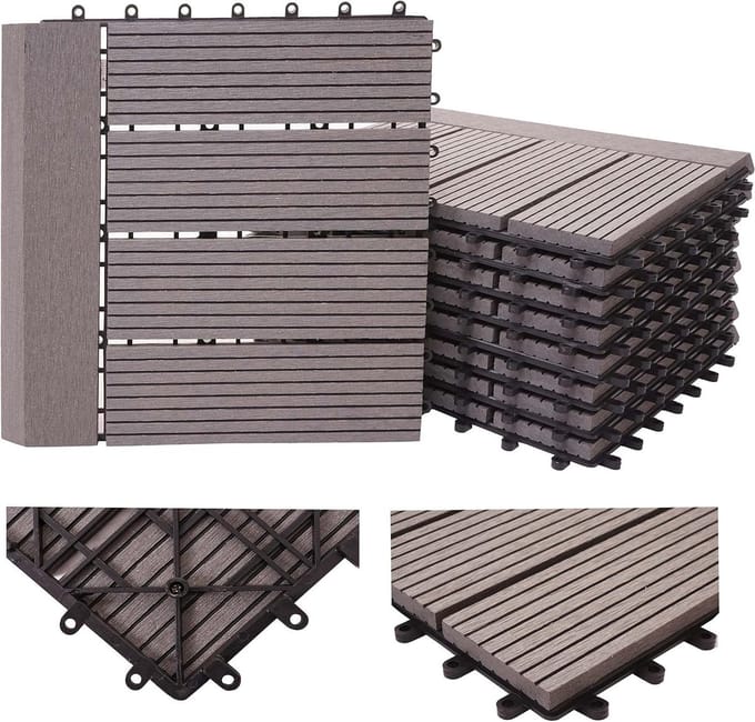 WPC Vloertegels - Houtcomposiet Tegels - Balkon Terras - 3D Structuur - 1 m² - Grijs