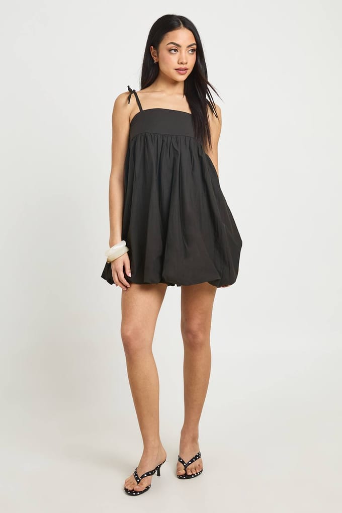 boohoo Dames Katoenen Popeline Pofbal Mini Jurk | Zwart | Maat: 42