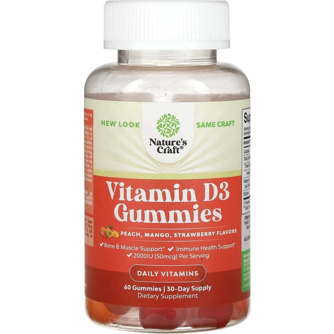 Nature's Craft, Vitamine D3 gummies, perzik, mango, aardbei, 50mcg, 60 gummies, (25mcg per gummy)