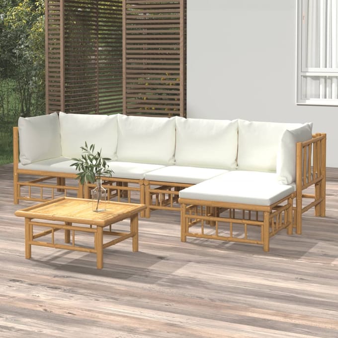 vidaXL - 6-delige - Loungeset - met - kussens - bamboe - crèmewit