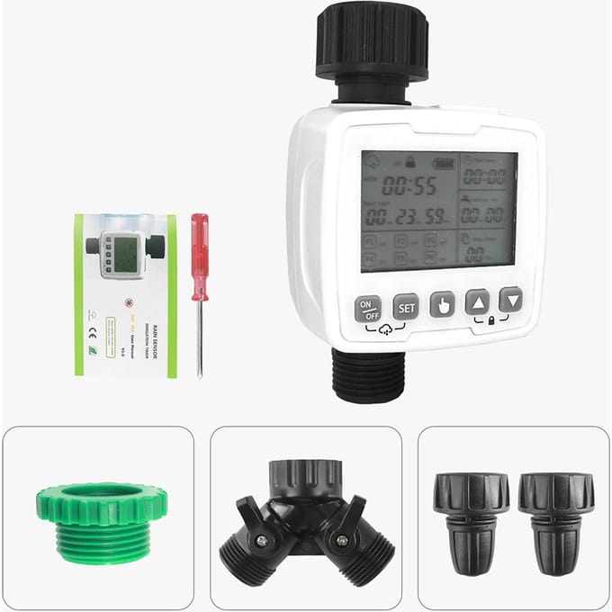 Sprinklertimer, watertimer Programmeerbare tuinslangkraantimer voor buiten met regenvertragingssysteem, EU Thread wit