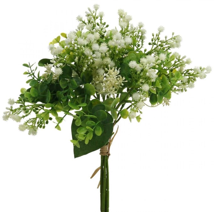 Decoratief kunstbloemenboeket, groen en wit, 36 cm lang, kunstbloemend