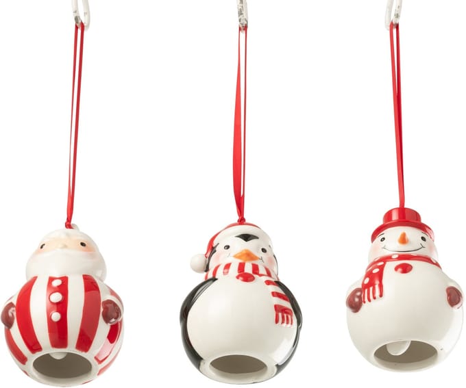 J-Line hanger Pinguïn + Sneeuwpop + Kerstman Dolomiet - keramiek - kerstrood/wit - 3 stuks