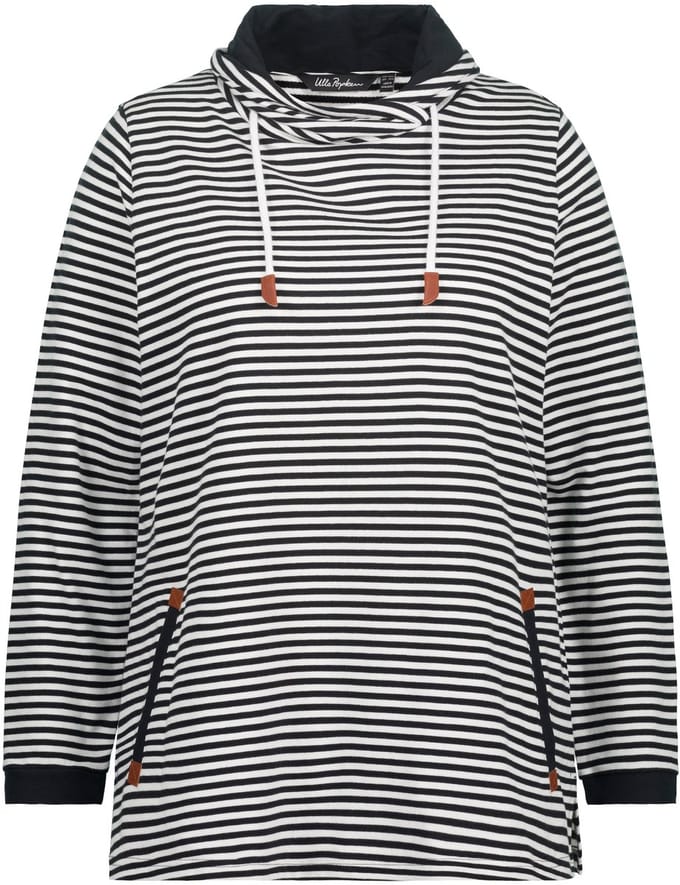 Ulla Popken - Dames - Sweatshirt strepen classic opstaande kraag lange mouwen - Zwart - Maat 42+