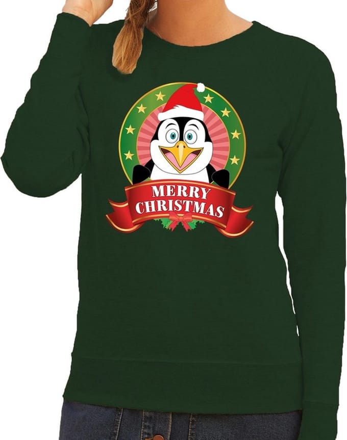 Foute kersttrui / sweater pinguin - groen - Merry Christmas voor dames M