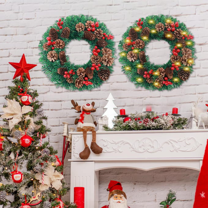 Guirlande de Noël à LED avec guirlande lumineuse alimentée par batterie, pommes de pin, fruits rouges, 12 pouces, joyeux Noël 40cm With String Light black