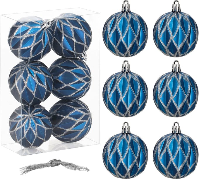 Springos Kerstballen | 6 Stuks | 12 cm | Blauw/Zilver