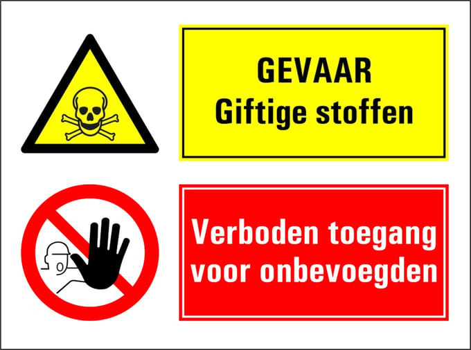 Gevaar giftige stoffen, verboden toegang onbevoegden sticker 280 x 210 mm