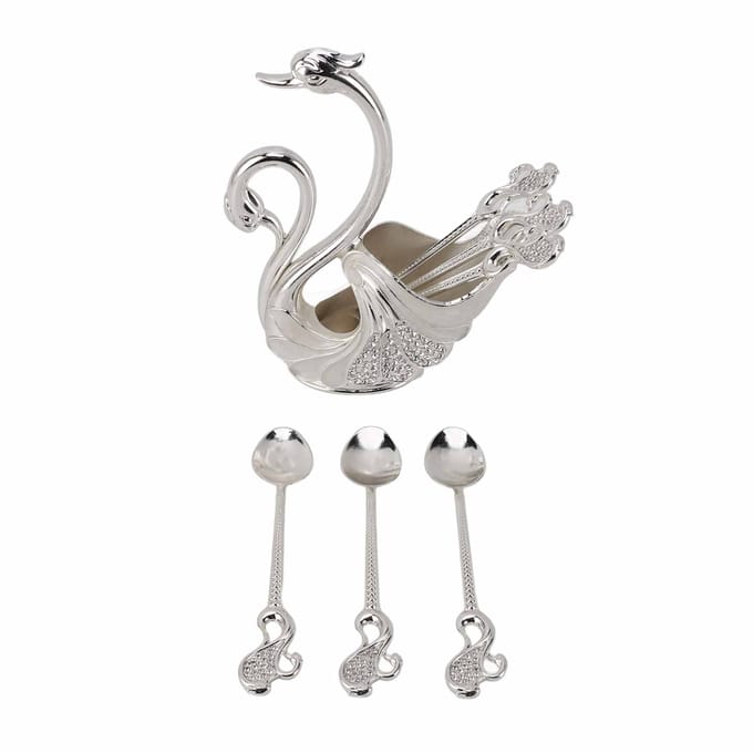 Zwaan Servies Set Metalen Tafelgerei Bestekset Decoratieve Zwaan Basis Houder met 6 Lepels voor zilver witte kleur