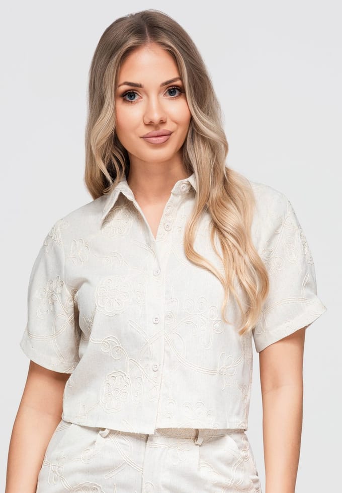 OMBRE Overhemd - Regular Fit - Katoen - Korte Mouw Ecru S
