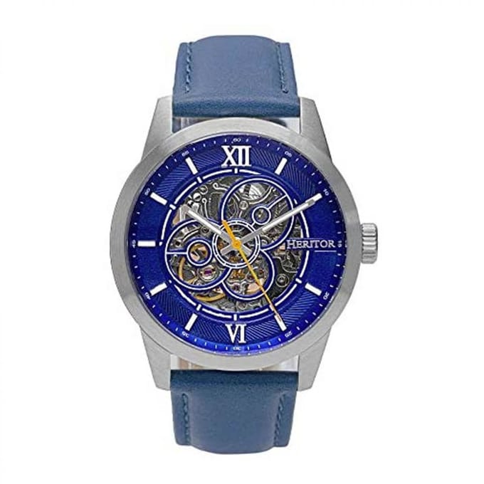 Heritor Automatic Jonas leren band skelethorloge - zilver/blauw