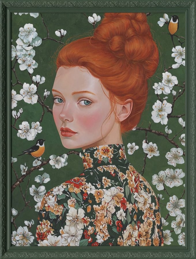 Schilderij met lijst floral lady 70x90cm