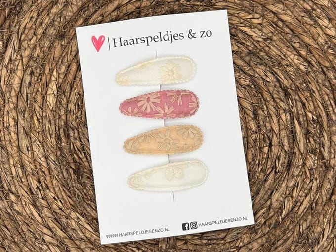 Haarspeldje Flo setje 14 - set van vier speldjes - stof/kant - beige - roze - taupe