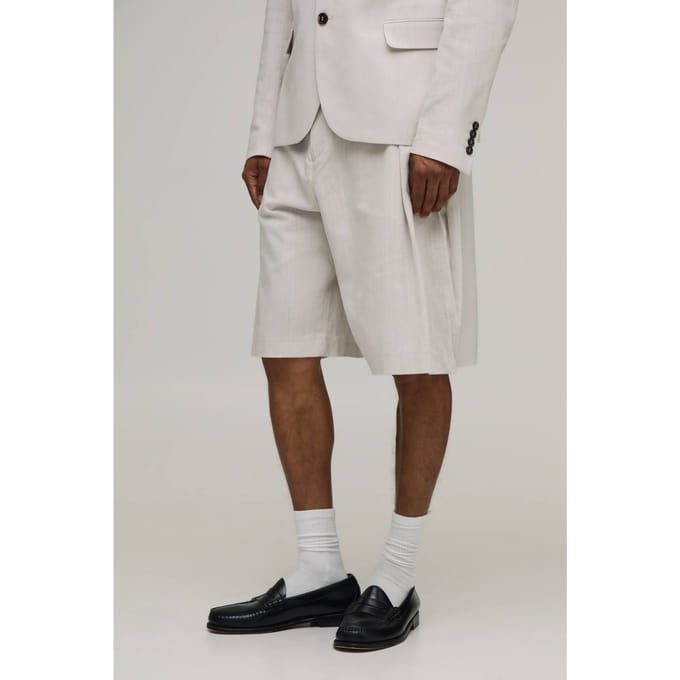 Linnen-look Wide Fit Plooifront Getailleerde Jorts | Stone | Size 28