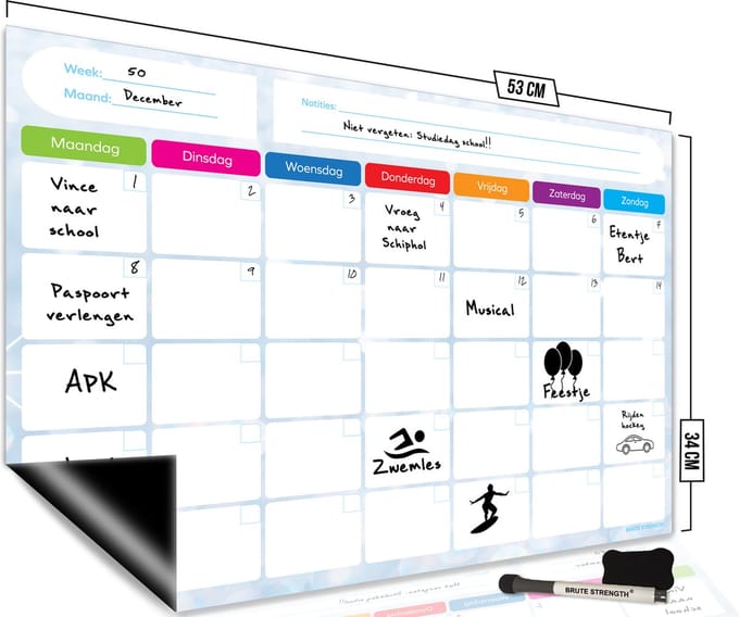 Brute Strength - Magnetisch Weekplanner whiteboard (25) - 53 x 34 cm - Planbord - Familieplanner - Gezinsplanner - To Do Planner