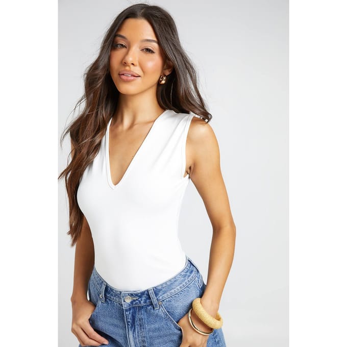 boohoo Dames Mat Slinky Gerimpeld Bodysuit Met Diepe V-hals | Wit | Maat: 34