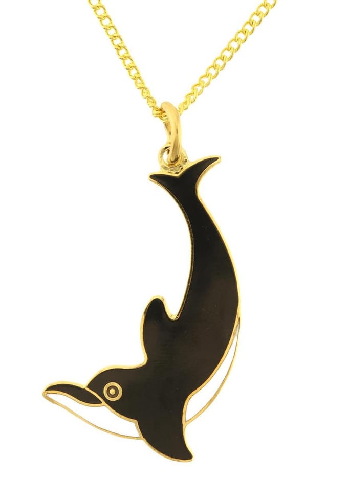 Behave - Ketting goudkleur dolfijn zwart wit emaille, 28 cm