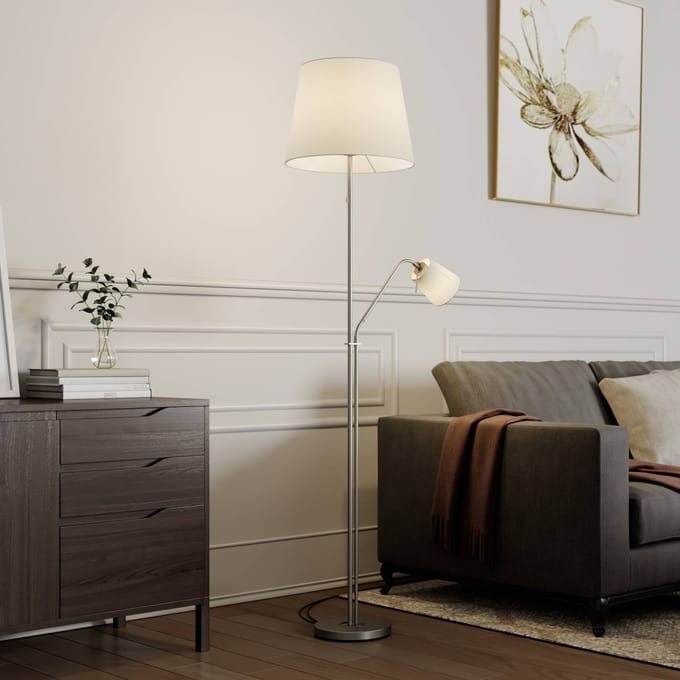 Vloerlamp Lindby Nantwin, 175 cm, wit, nikkel, textiel