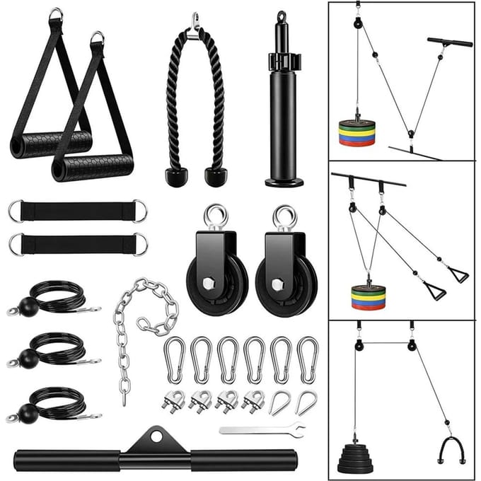27 stuks Fitness Pulley System Gym LAT Pulldown Attachments Squat Rack Dual Cable Machine met Biceps 27pcs set black