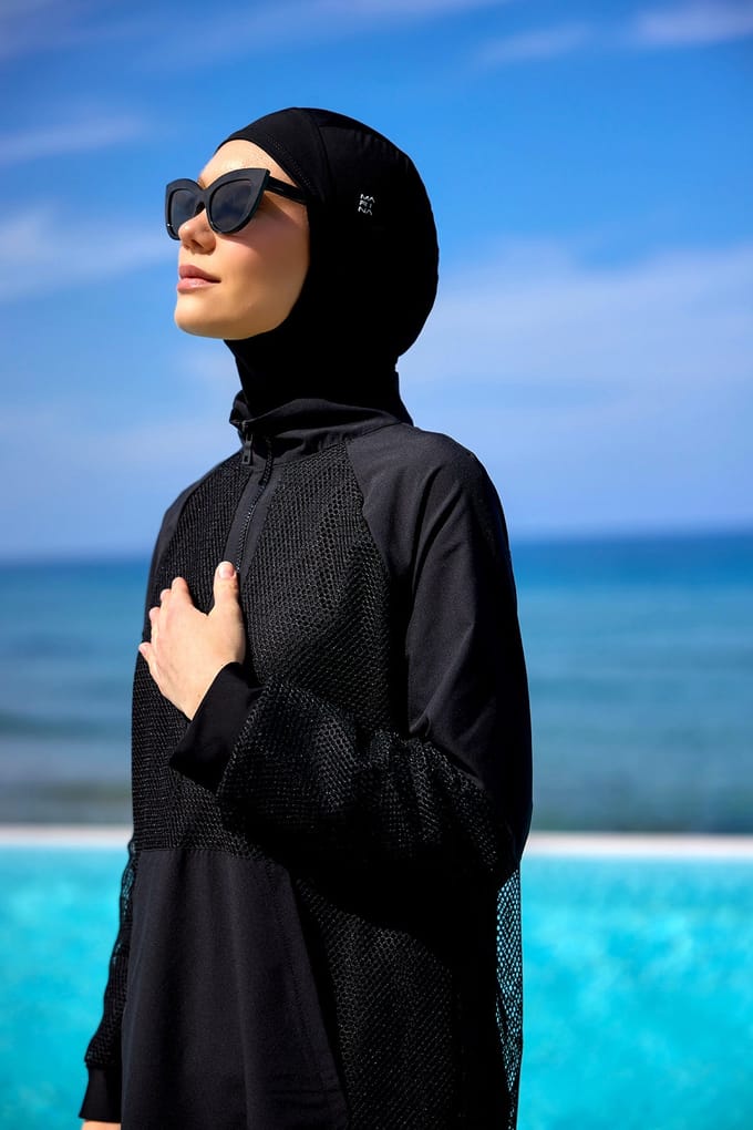 Zwarte tule detail volledige dekking badmode Burkini