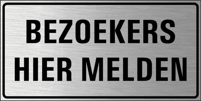 Bezoekers hier melden bord, geborsteld aluminium 400 x 200 mm