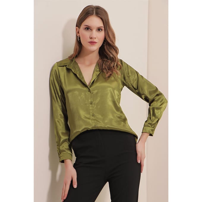 Satin Lange Mouw Knop-Up Shirt