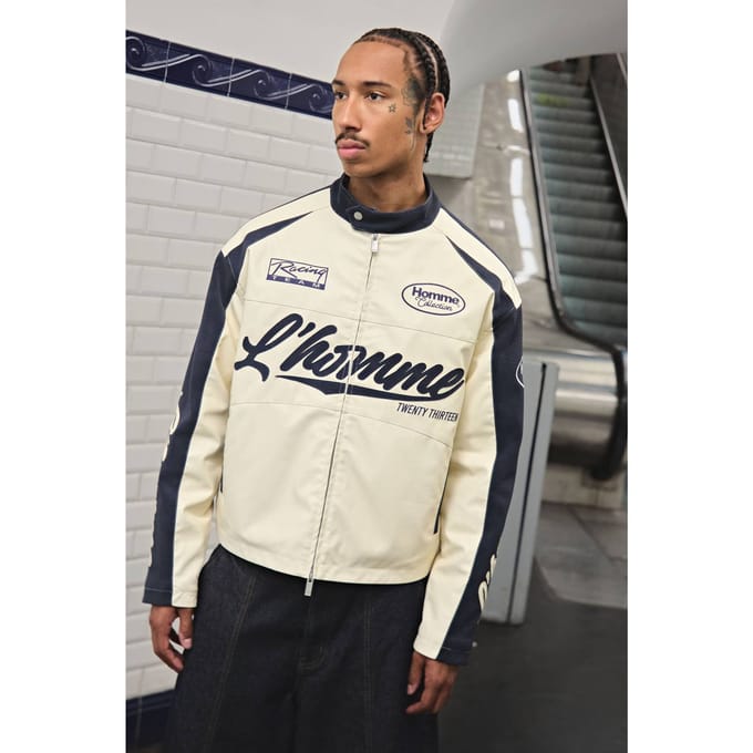 Boxy Fit Tumbled PU Heren Motorjas | Ecru | Size Medium