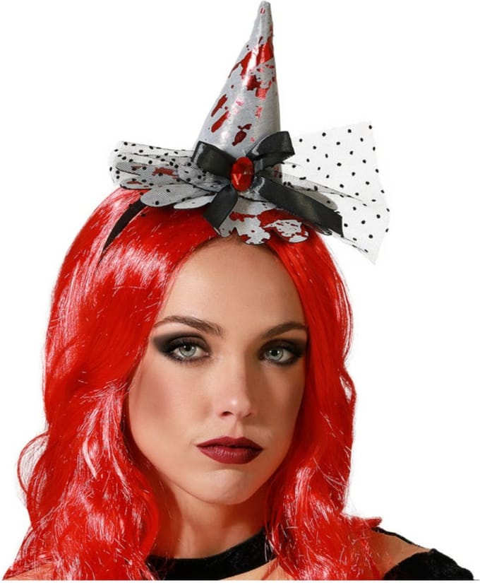 Halloween heksenhoed - mini hoedje op diadeem - one size - zilver/bloed - meisjes/dames
