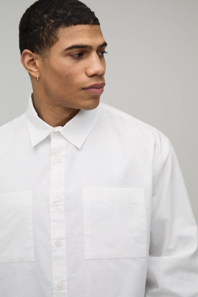 Boxy Fit Cropped Lange Mouw Oxford Shirt | White | Size Medium