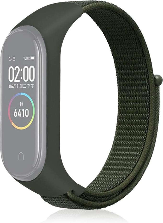 By Qubix - Nylon Geweven Bandje Geschikt voor Xiaomi Mi Band 3 / 4 / 5 / 6 / 7 - Legergroen