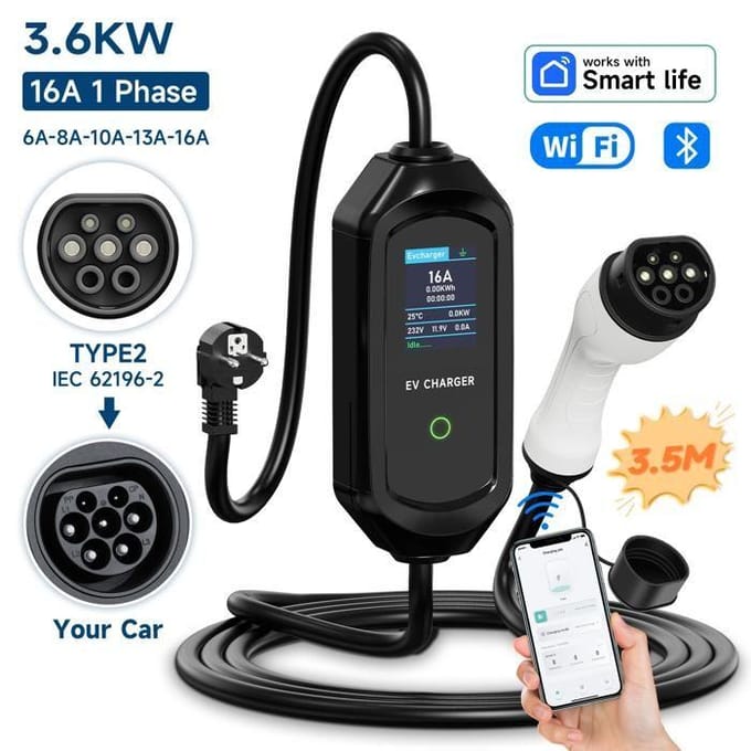 Draagbare elektrische autolader, 3600W vermogen, instelbare laadstroom, type 2