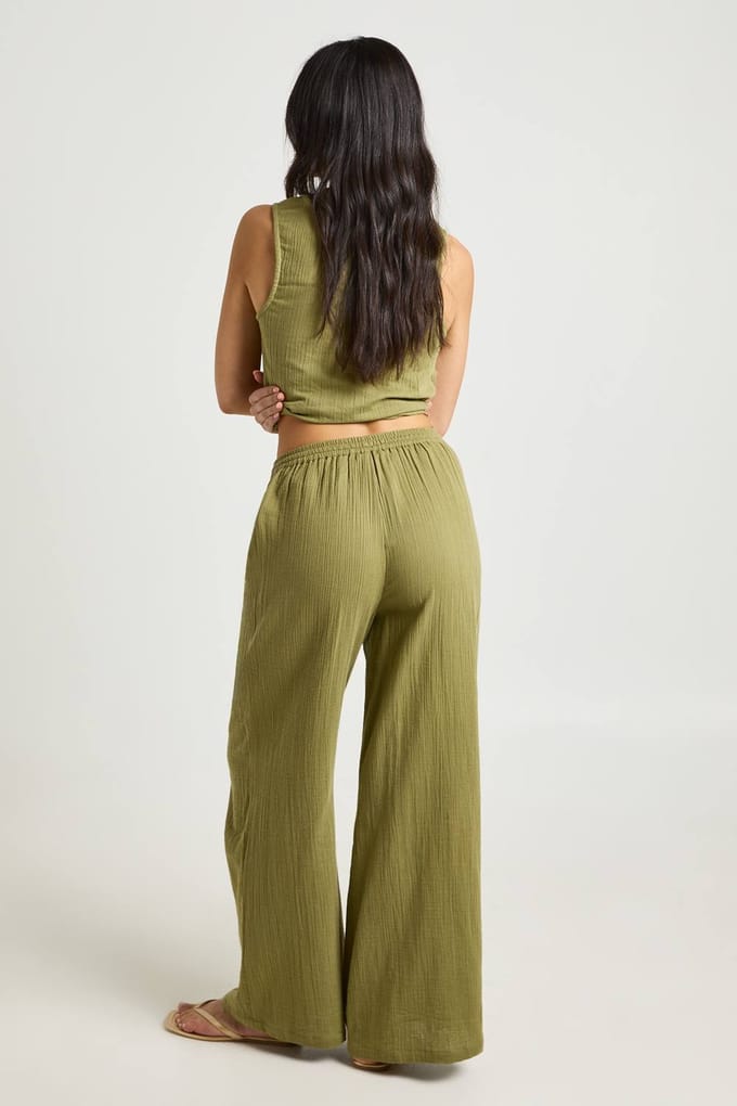 boohoo Dames Wijde Broek Van Kaasdoek Met Elastische Taille | Kaki | Maat: 38