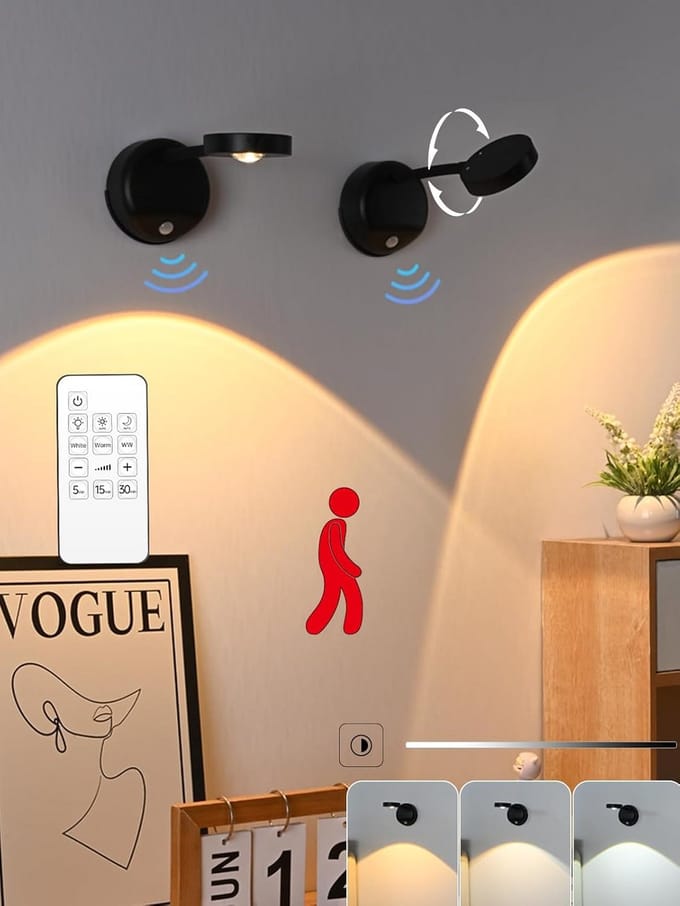Draadloze Wandlamp met Bewegingssensor, Dimbaar Licht en Afstandsbediening