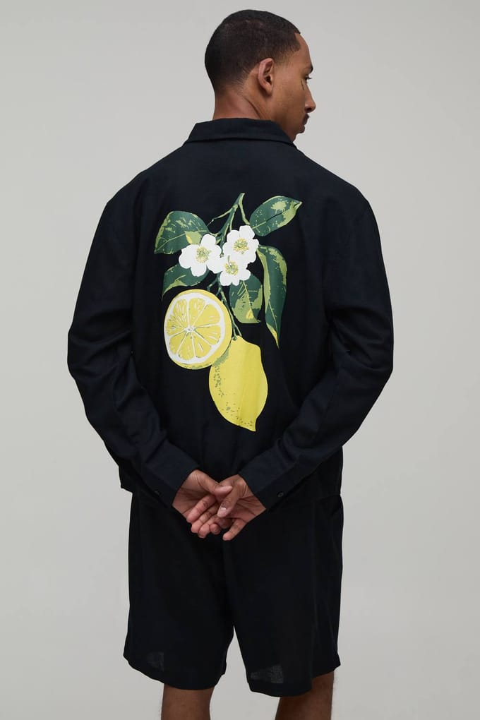 Citroen Rugprint Oversized Linnen Blend Shirt & Short Set | Black | Size Medium
