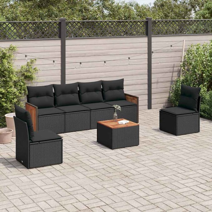 vidaXL - 7-delige - Loungeset - met - kussens - poly - rattan - zwart