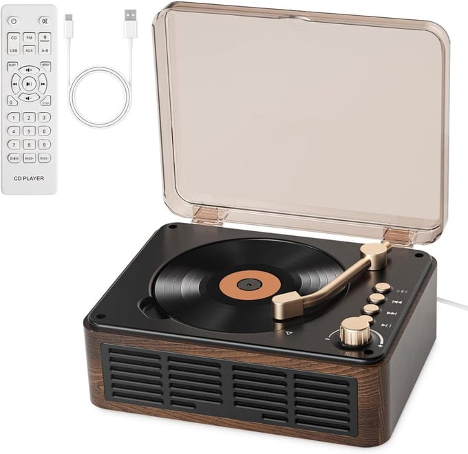 Bluetooth CD Speler - Ondersteuning voor CD/Bluetooth/MicroSD-kaart/USB/AUX - Ingebouwde Speaker - Bruin