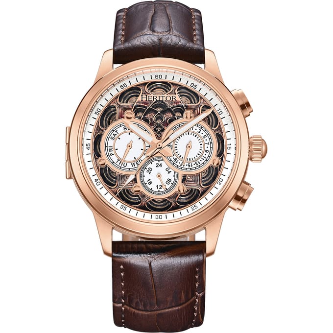 Heritor Automatic Apostle horloge met leren band en dag-/datumfunctie - roségoud/wit