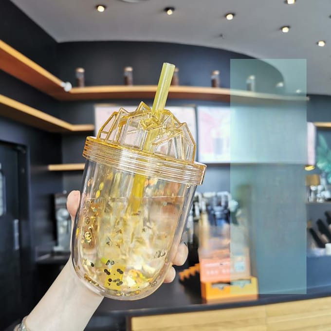 Korean Version of The Large-caliber Straw Milk Tea Cup Large-capacity Double-decker Student Couple Glitter AS Plastic Cups. 400ml