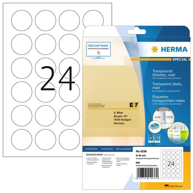 Herma Sluitetiketten, rond 4236 ( Ø 40 mm, Transparant, 600 stuk(s), Permanent