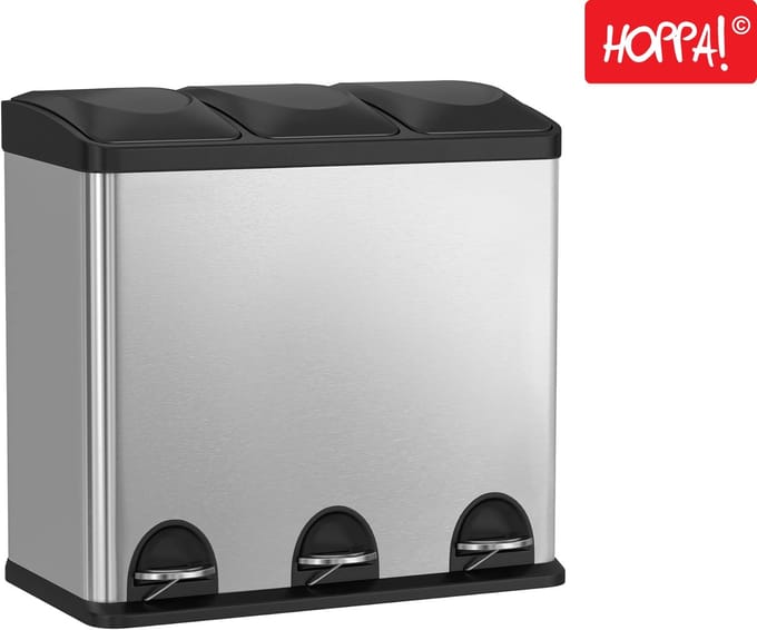 Hoppa! - Drievoudige afvalbak - 3 x 18 L - grijs RVS - 61 x 36 x 57 cm (L x D x H)