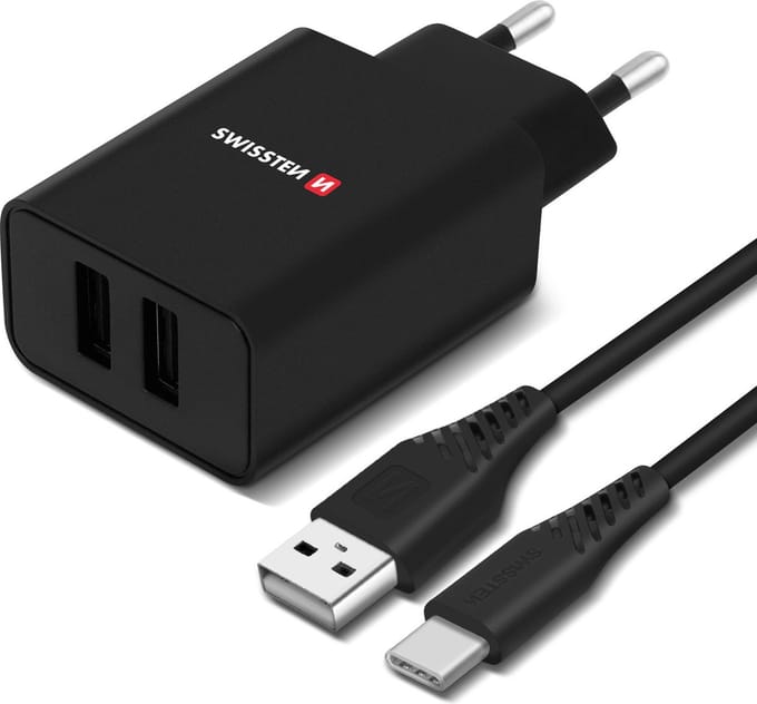 Swissten 2.1A Dual Port Travel Charger (10.5W) - 22054000 + Type-C USB Cable - Black
