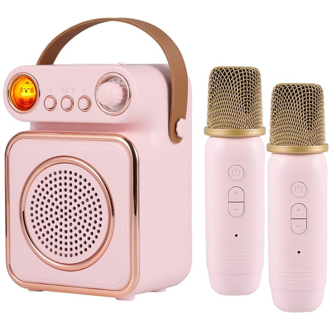 Mini Karaoke Machine Draadloze Microfoon en Speaker Set met 2 Microfoons Oplaadbare LED Kleur roze