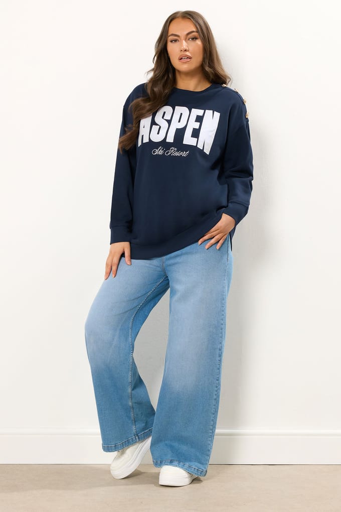 Yours Marineblauwe 'Aspen' Slogan Sweatshirt Size 46