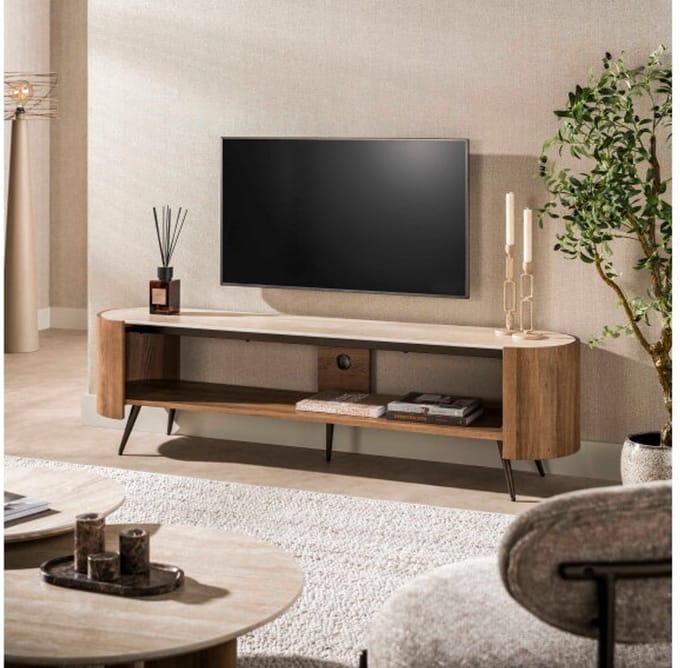 TV meubel Arcus 180x40x49 cm - Travertin keramiek - Japandi