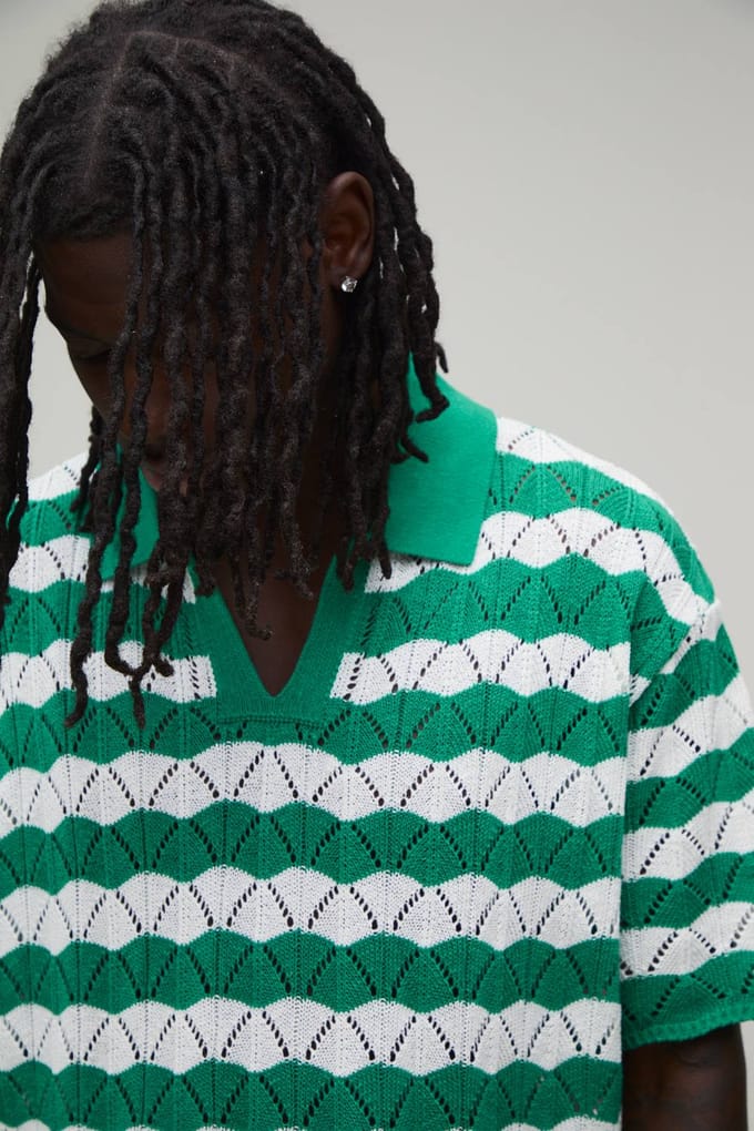 Oversized Boxy Wavy Open Stitch Knitted Polo T-Shirt | Green | Size Small